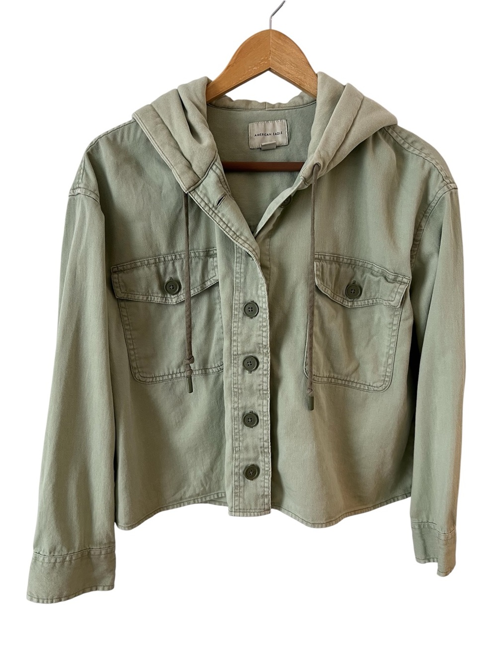 American Eagle light Sage Green cropped jacket with hoodie SzL